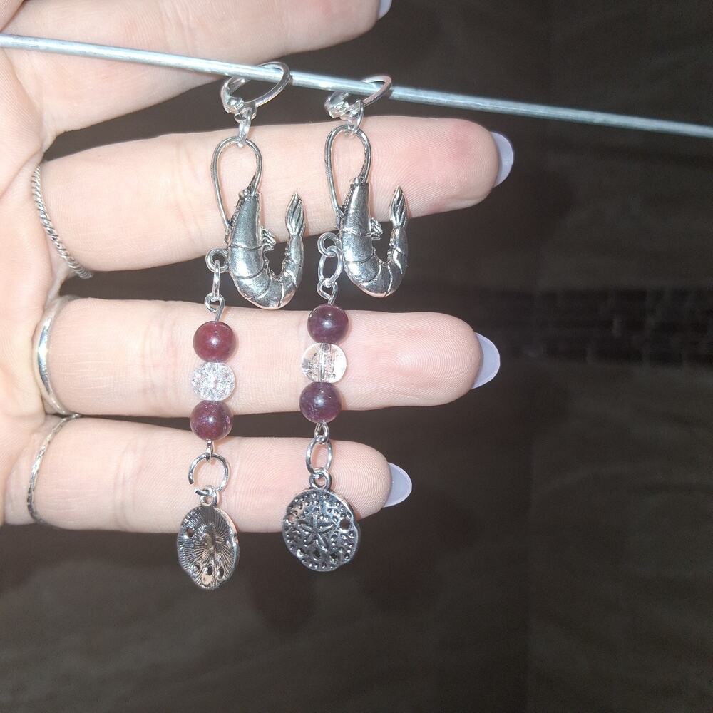 Elegant Shrimp Bait Sand Dollar Ocean Earrings with Garnet + Quartz Beads Silver